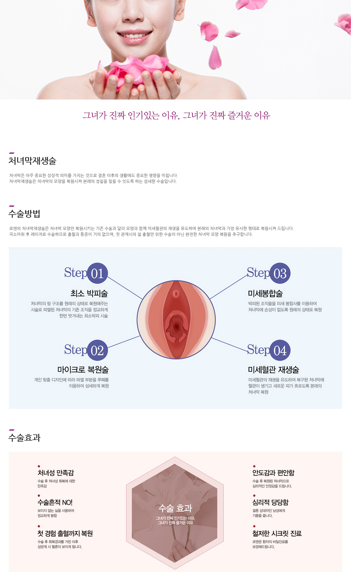 그녀가 진짜 인기있는 이유, 그녀가 진짜 즐거운 이유 처녀막재생술 처녀막은 아주 중요한 상징적 의미를 가지는 것으로 결혼 이후의 생활에도 중요한 영향을 미칩니다. 처녀막재생술은 처녀막의 모양을 복원시켜 본래의 성질을 찾을 수 잇도록 하는 섬세한 수술입니다. 수술방법 로앤의 처녀막재생술은 처녀막 모양만 복원시키는 기존 수술과 달리 모양과 함께 미세혈관의 재생을 유도하여 본래의 처녀막과 가장 유사한 형태로 복원시켜 드립니다. 국소마취 후 레이저로 수술하므로 출혈과 통증이 거의 없으며, 첫 관계시의 질 출혈만 위한 수술이 아닌 완전한 처녀막 모양 복원을 추구합니다. step1 최소 박피술 처녀막의 링 구조를 원래의 상태로 복원해주는 시술로 파열된 처녀막의 기존 조직을 정교하게 한번 벗겨내는 최소박피 시술, step2 마이크로 복원술 개인 맞춤 디자인에 따라 파열 부분을 루페를 이용하여 섬세하게 복원, step3 미세봉합술 박피된 조직들을 미세 봉합사를 이용하여 처녀막에 손상이 없도록 원래의 상태로 복원, step4 미세혈관 재생술 미세혈관의 재생을 유도하여 복구된 처녀막에 혈관이 생기고 새로운 피가 흐르도록 본래의 처녀막 복원 수술효과 처녀성 만족감 수술 후 처녀성 회복에 대한 만족감, 수술흔적 NO! 보이지 않는 실을 사용하여 정교하게 봉합, 첫 경험 출혈까지 복원 수술 후 회복경과를 거친 이후 성과계 시 혈흔이 보이게 됩니다, 안도감과 편안함 수술 후 복원된 처녀막으로 심리적인 안정감을 드립니다, 심리적 당당함 결혼 상대자인 남성에게 기쁨을 줍니다, 철저한 시크릿 진료 로앤은 환자의 비밀진료를 보장해드립니다. 처녀막재생술 파열된 처녀막으 ㄹ개인에 맞추어 정밀하게 복원시키며 미세 봉합실을 사용하여 수술 흔적을 찾아보기 어렵습니다.